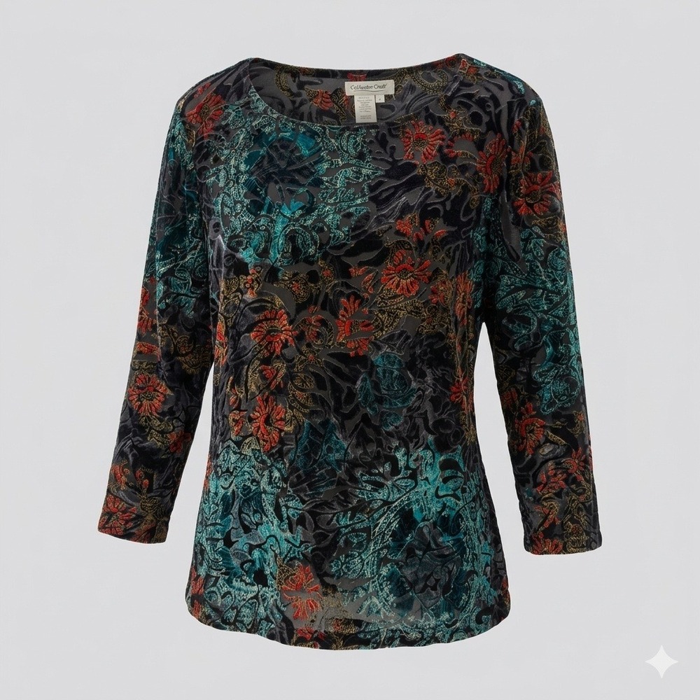 Coldwater Creek Velvet Burnout Colorful Paisley Floral Boat Neck Top L Witch Art